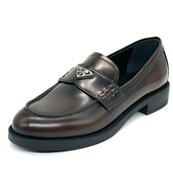 PRADA Triangle Logo Brushed Leather Loafers Moccasin Drivers Flat Shoes - Picture 1 of 12
